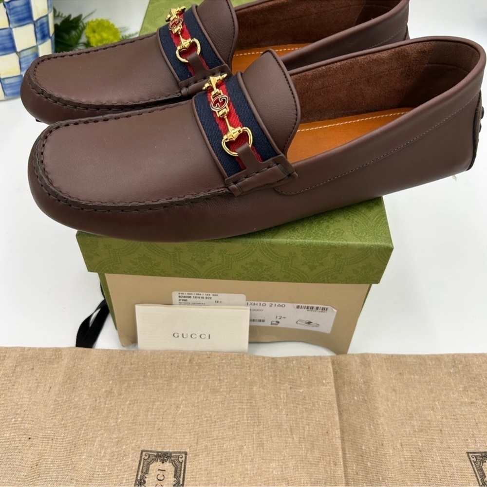Men’s Gucci Ayrton web striped leather loafers size 12.5 fits 13 US made Italy - Picture 5 of 11